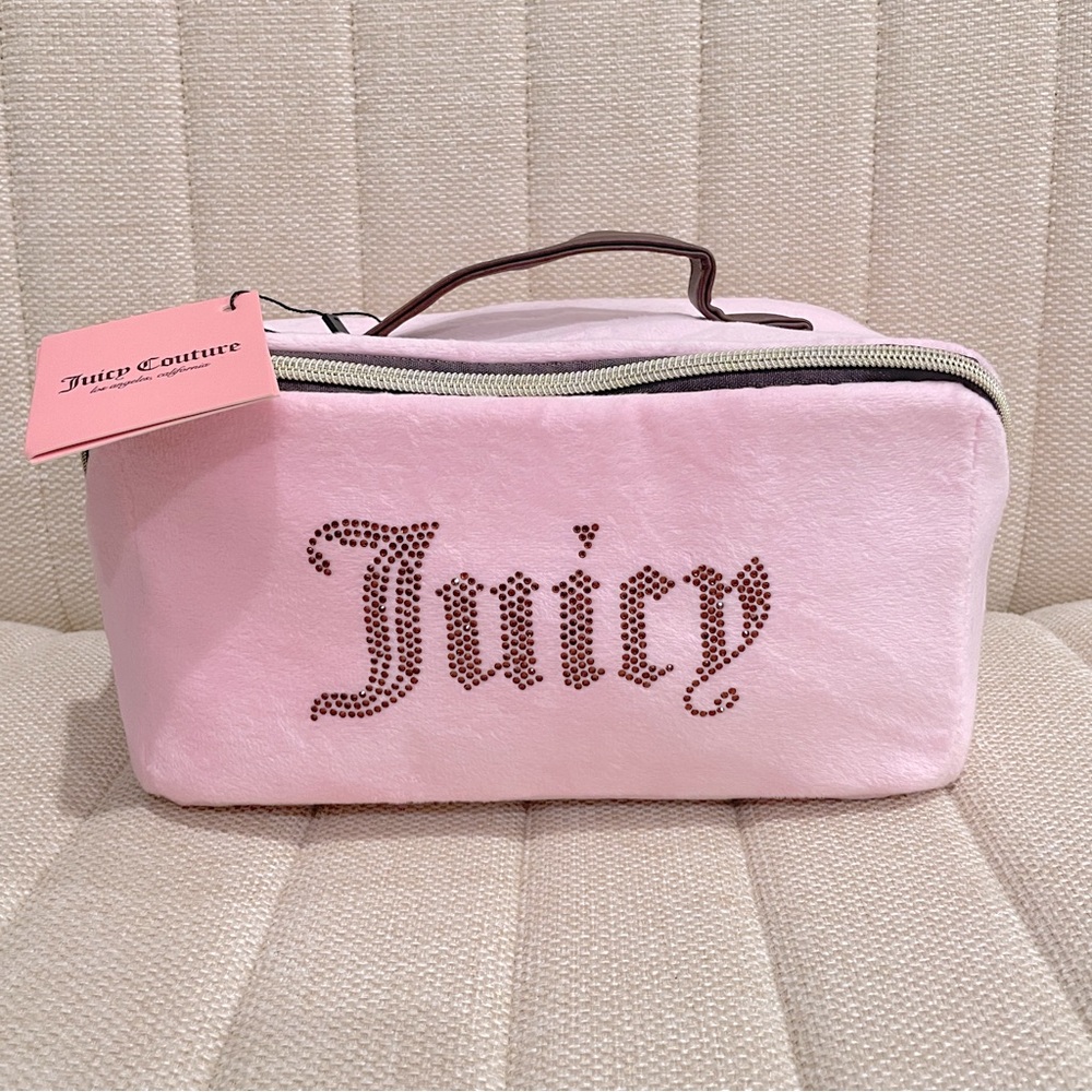 NEW Juicy‎ Couture Pink Velour Rhinestone Logo Makeup Bag Toiletry Case